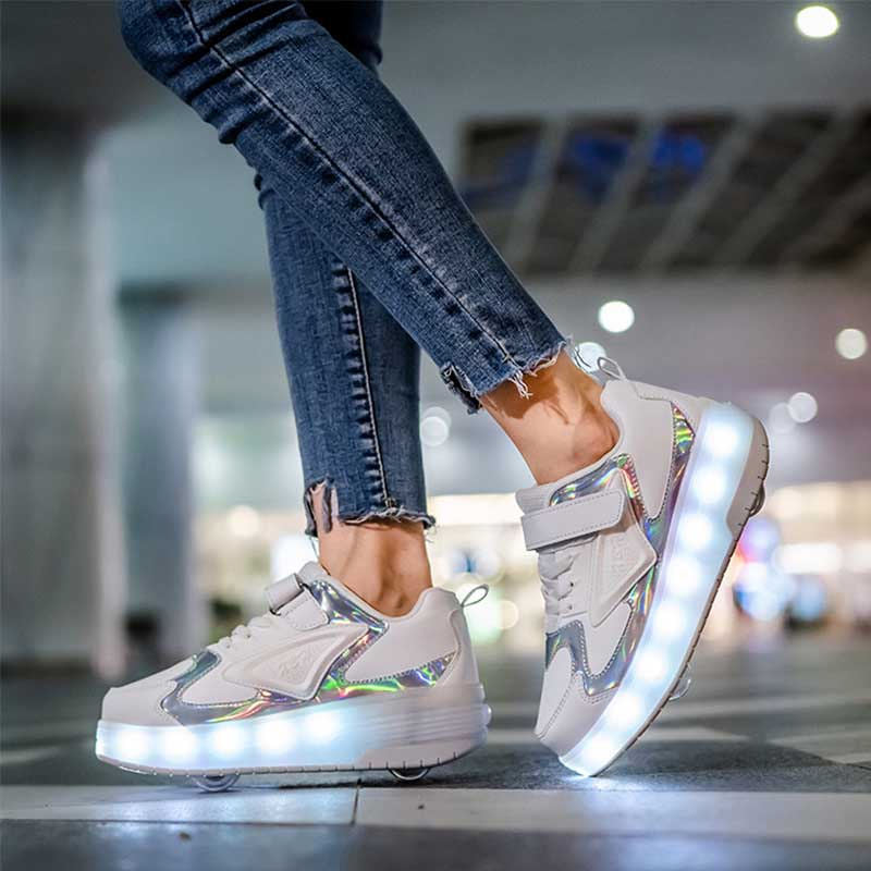 Kids LED Roller Skate Shoes Boys Girls Sneakers with Double Wheel-CD888-White