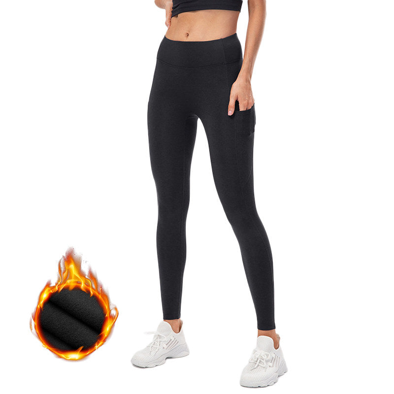 Womens Fleece Leggings with Pockets Tummy Control Thermal Yoga Pants-Black