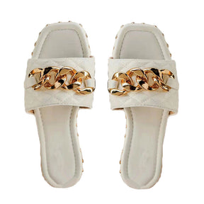 Womens Open Toe Sandals Gold Chain Backless Slippers-White