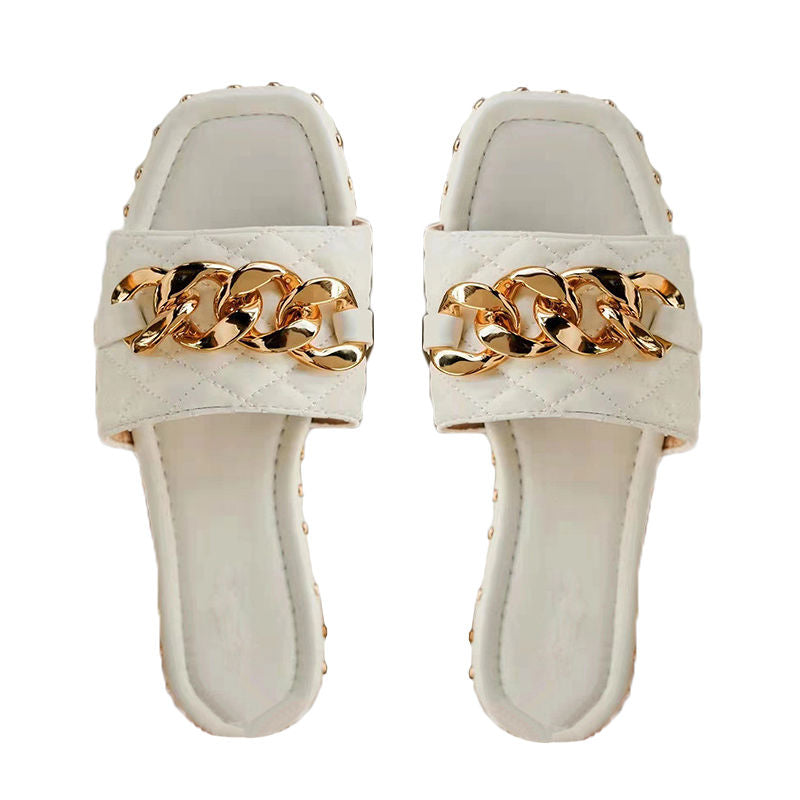 Womens Open Toe Sandals Gold Chain Backless Slippers-White