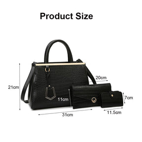 3Pcs Women Tote Bags Large Capacity Crack Design Fashion Purse-Black