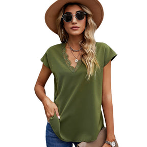 Womens Lace V Neck Blouse Solid Color Summer Lightweight Casual Chiffon Shirt-Green