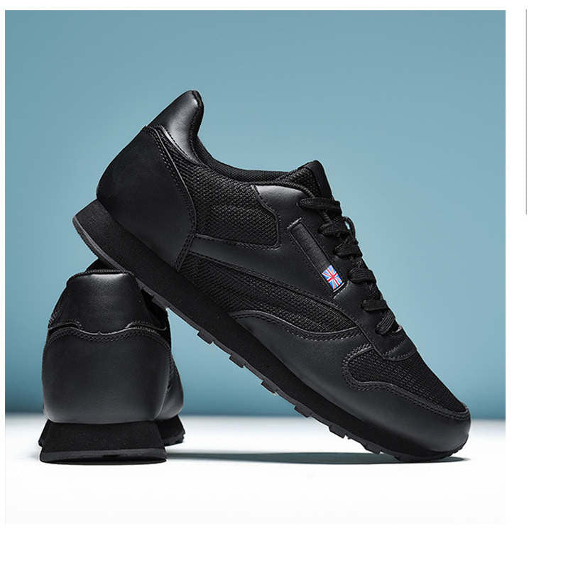 Couples Leather and Mesh Sneakers Lace up Lightweight Cushioned Sport Shoes-Black