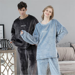 Crew Neck Flannel Pajamas Set for Women-Dark Grey