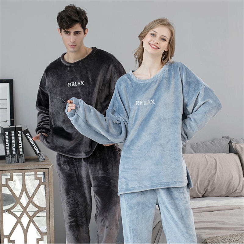 Crew Neck Flannel Pajamas Set for Women-Haze Blue