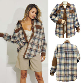 Womens Corduroy Jacket Plaid Contrast Color Long Sleeve Fall Coat