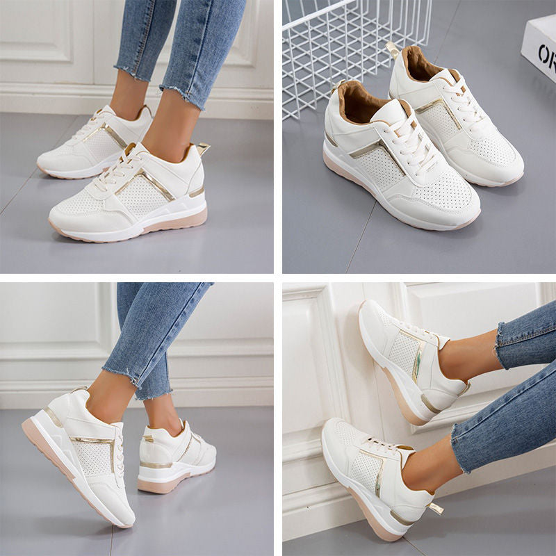 Womens Wedge Sneaker Hidden Lace-up Breathable Casual Shoes-White