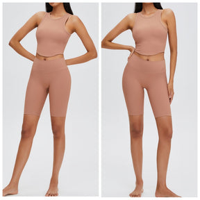 Rib-Knit Crop Tank Tops Removable Padded Quick Dry Sports Bras-Cocoa