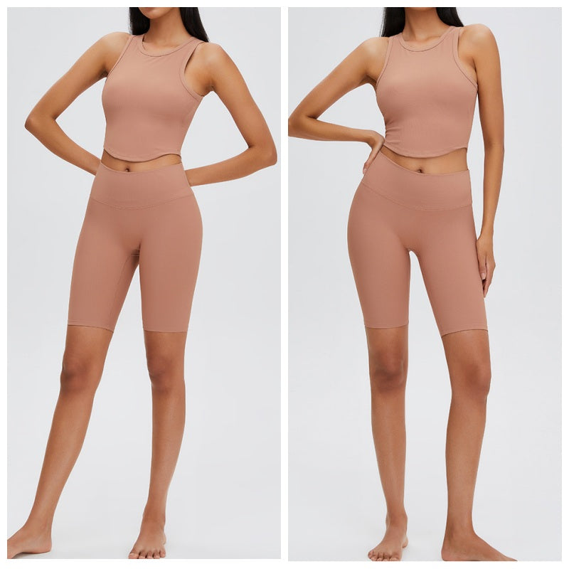 Rib-Knit Crop Tank Tops Removable Padded Quick Dry Sports Bras-Cocoa