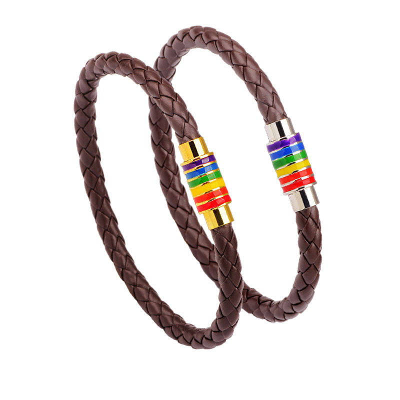 2 Packs LGBT Rainbow Bracelet Couple Leather Magnetic Clasp Bangle-Brown