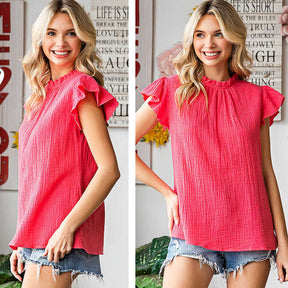 Womens Ruffle Sleeve Blouses Summer Casual Plain Round Neck  Loose Fit Tops-Rose Red