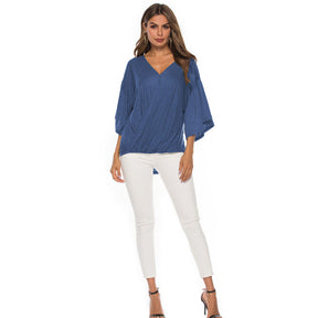 Womens Summer Ruffle Sleeve V-Neck T-Shirt Knot Tops-Blue