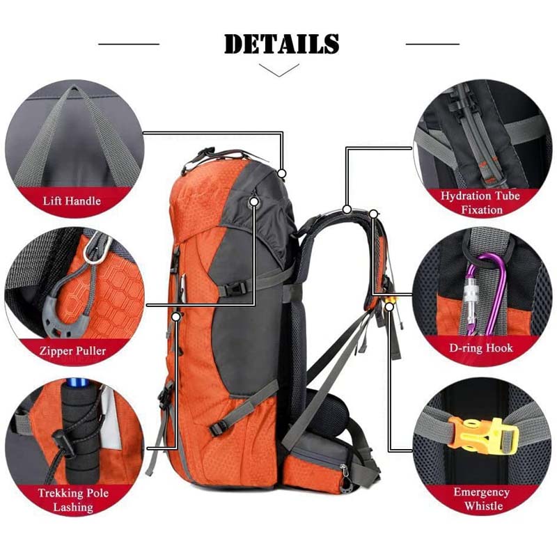 60L Waterproof Lightweight Hiking Backpack with Rain Cover for Climbing Camping-Orange