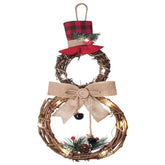 Lighted Christmas Wreath 16x8 Inch Grapevine Wreath with Hat and Bow Snowman Shape