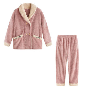 Womens Plush Pajamas Cardigan Set Loungewear-Pink