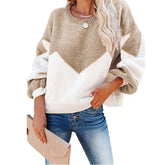 Womens Color Block Loose Knit Pullover Sweater Lantern Sleeve-Khaki