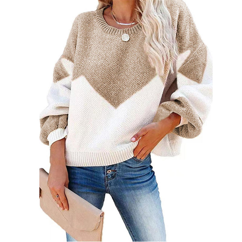 Womens Color Block Loose Knit Pullover Sweater Lantern Sleeve-Khaki