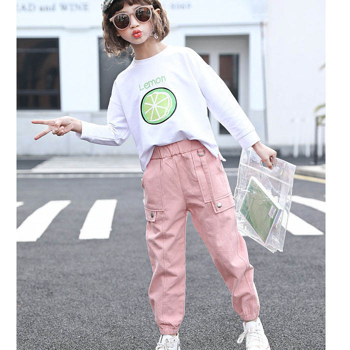 Girls Joggers Long Pants Pockets Outdoor Casual Trousers Iron Ring-Pink