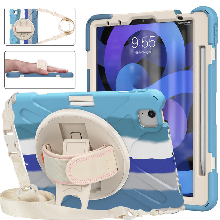 iPad Case With Pencil Stand+Rotating Stand+Shoulder Strap For iPad 10.9 inch Air4-Blue