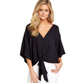 Boho Womens Blouse V Neck Tie Knot 3/4 Sleeve Summer Casual Tops-Black