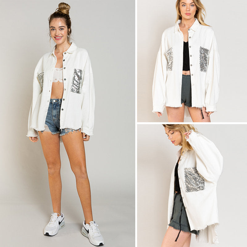 Sequins Denim Jacket for Women Oversized Distressed Jean Outwear-White