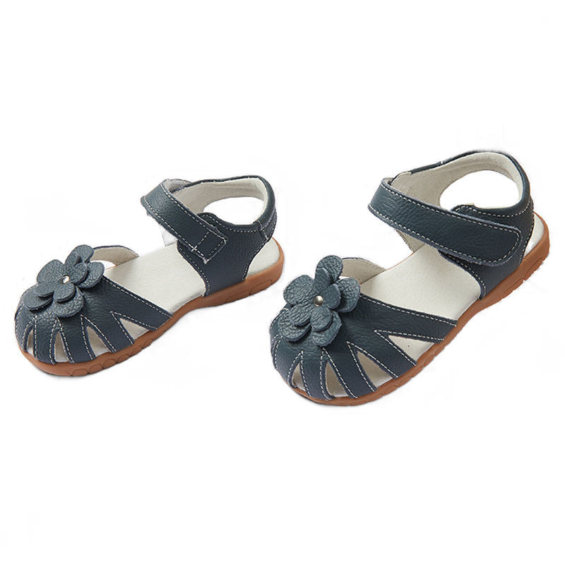 Flat Sandals for Toddler Girls Closed-Toe with Flower Summer Shoes-Blue