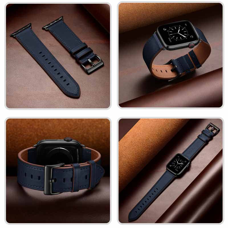 Classic Watchband Cowhide Suitable for iWatch Ultra Series 8 SE 7 6 5 4 3 2 1-Black-DarkBlue