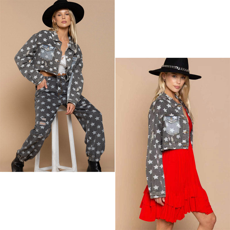 Star Print Denim Jacket for Women Frayed Raw Crop Coat for Autumn