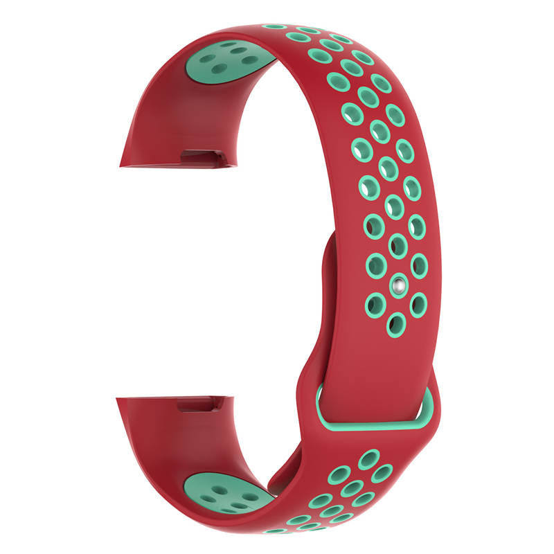 Double Color Porous Breathable Watch Band Silicone Wristband For Fitbit Charge 3 Sport Smartwatch -Red Teal