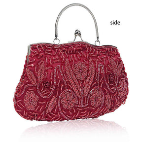 Beaded Sequin Design Flower Evening Purse Large Clutch Bag-WineRed