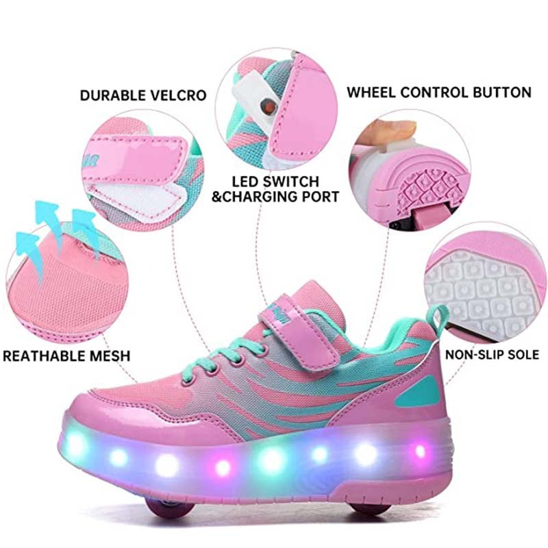 Kids Roller Skates Light up Shoes Sport Sneaker USB Chargable-Pink