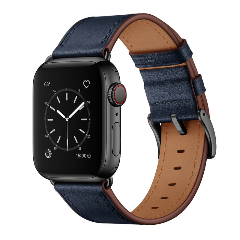 Classic Watchband Cowhide Suitable for iWatch Ultra Series 8 SE 7 6 5 4 3 2 1-Black-DarkBlue