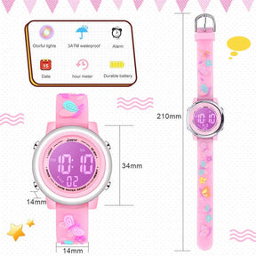 Girls Digital Sport Watches LED with 7 Colors Backlight 3D Butterfly Wristwatch-Pink