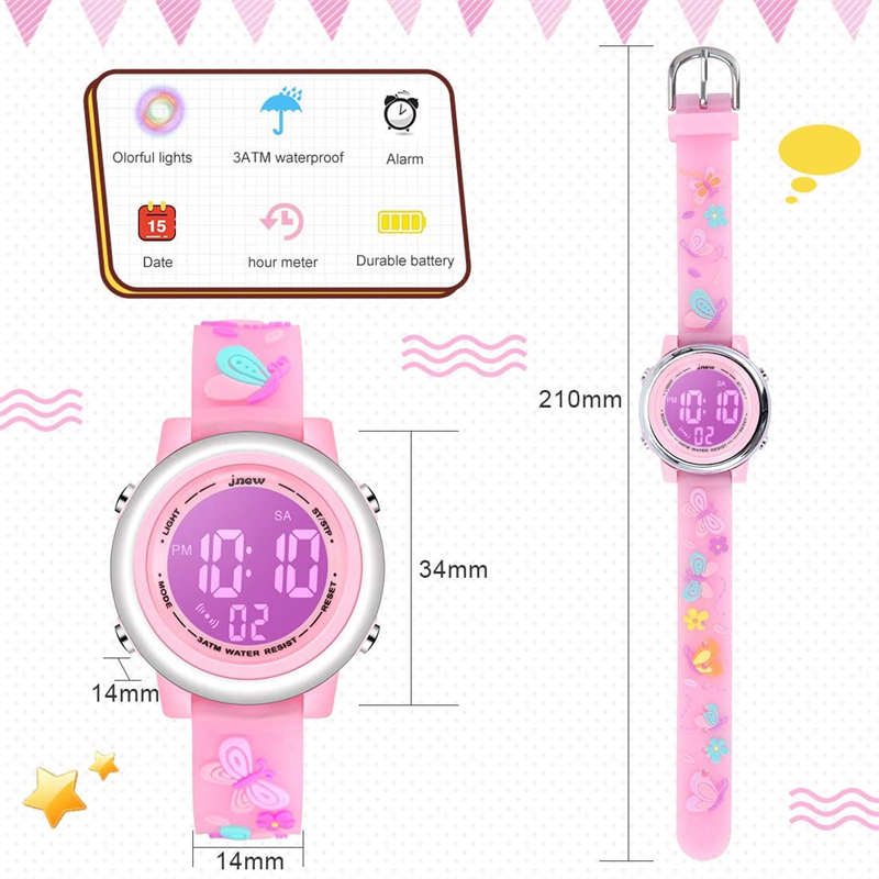 Girls Digital Sport Watches LED with 7 Colors Backlight 3D Butterfly Wristwatch-Pink