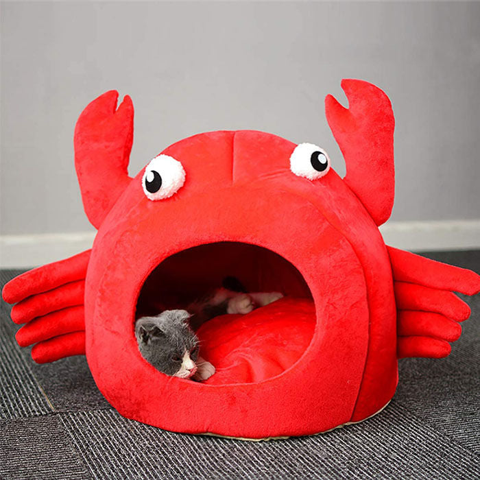 Self-Warming Crab Pet House Bed 2 In 1 Foldable Cushion Mat for Dogs And Cats-Red