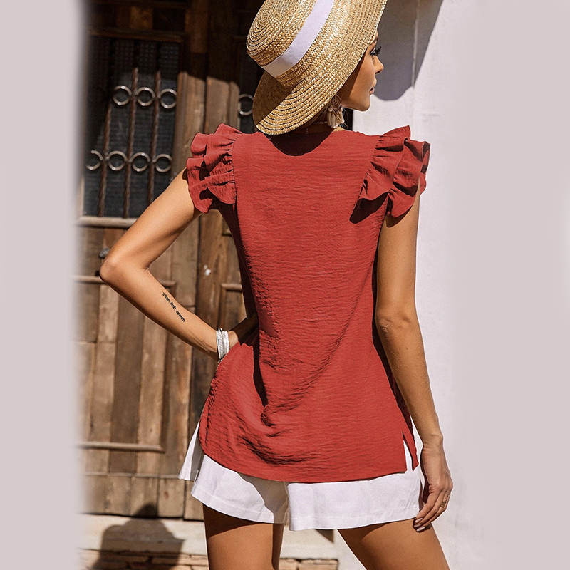 Womens Casual Ruffle Sleeve Summer Tops V Neck Tank Tops Shirts-Red