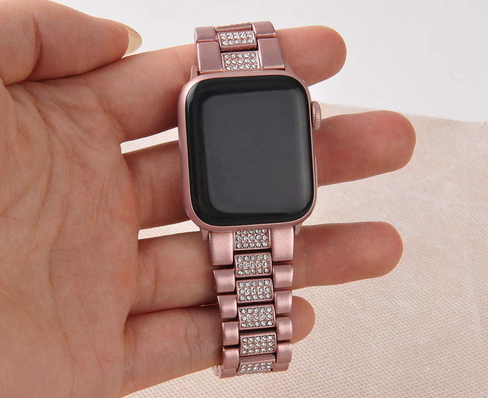 SZZ Bling Watch Band Business Stainless Steel Wristbands for Apple IWatch Series SE/1/2/3/4/5/6 For Women-Rose Pink