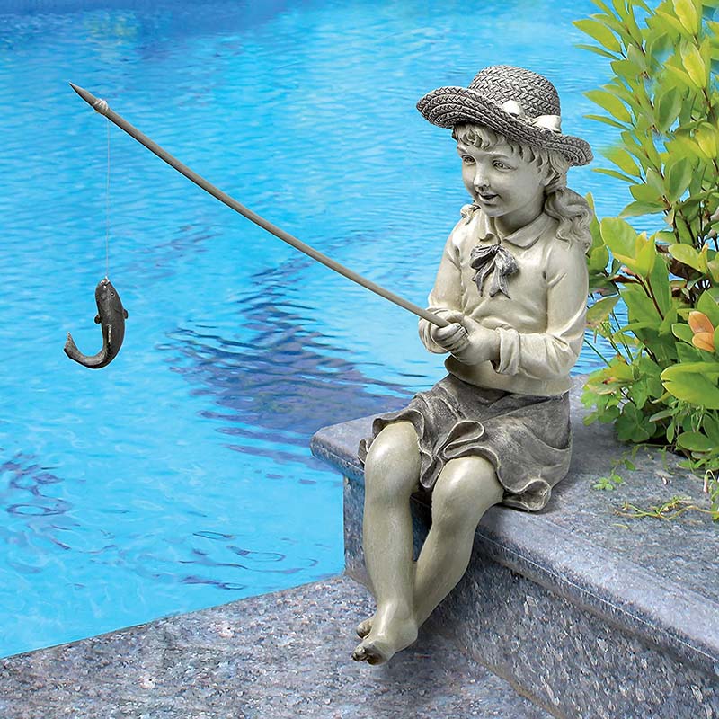 Fisherwoman Girl Fishing Garden Statue Outdoor Statues 11 Inches