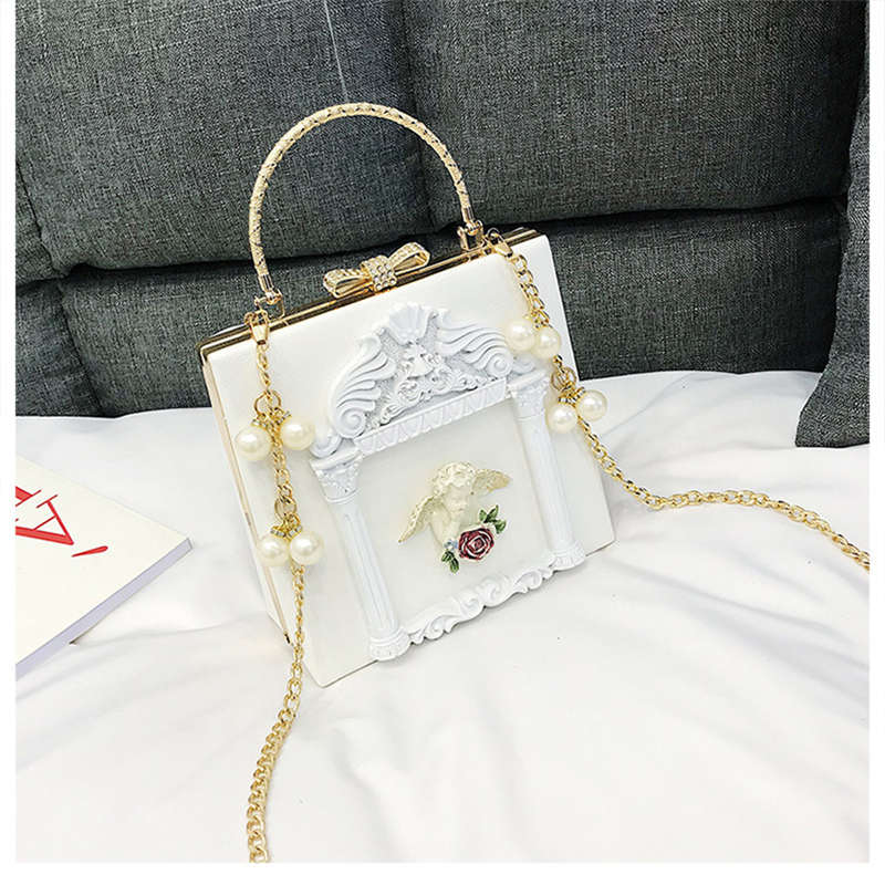 Womens Angel Embossed Clutch Evening Bag Bowknot Crossbody Purse-White