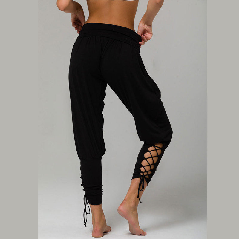 Womens Solid Color High Waist Lace Up Pants Fitness Loose Pants with Pockets-Black