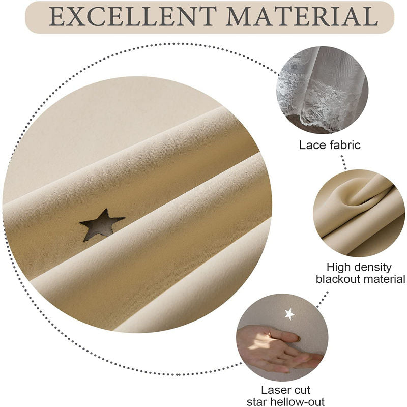 2 Panels Double Layer Stars Blackout Curtains for Bedroom Window-Beige