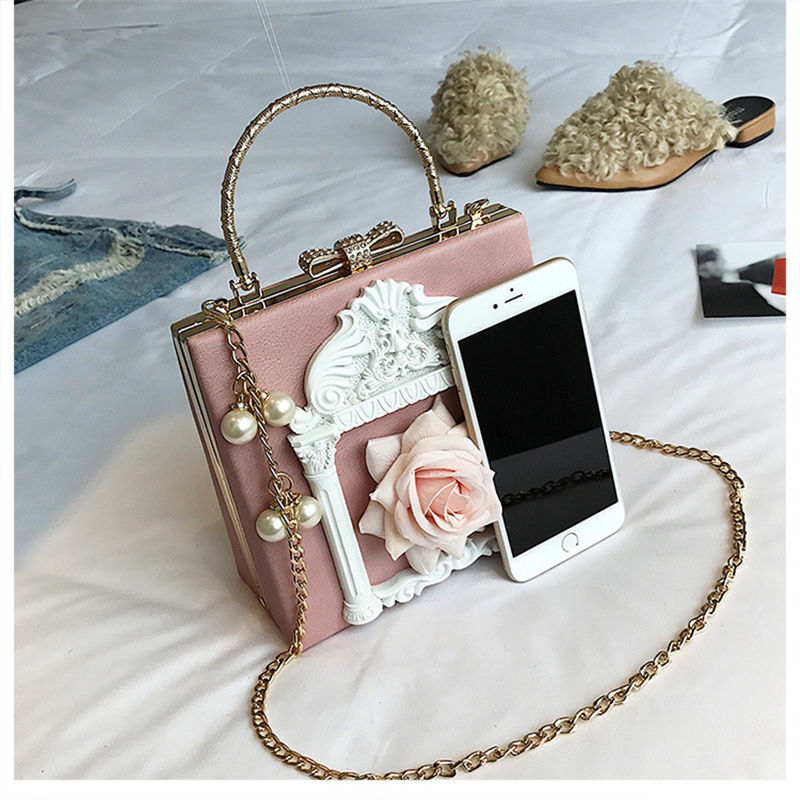 Womens Embossed Clutch Evening Bag Bowknot Snaps Crossbody Purse-Pink