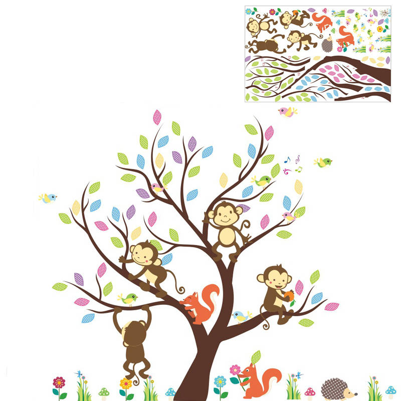 Removable Creative Brown Tree Cartoon Monkey Squirrel Home Art Decor Wall Stickers for Kids Room