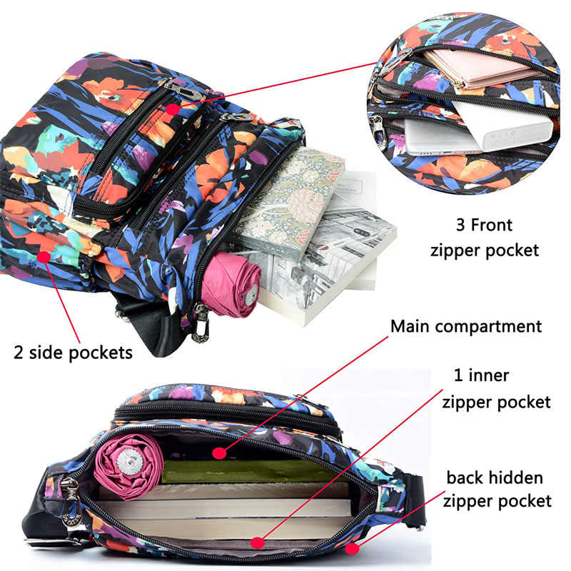 Women Nylon Floral Crossbody Bag Multi Pocket Shoulder Bag-Mini Flower