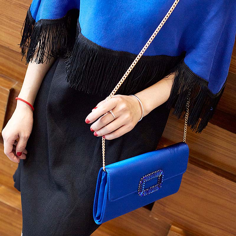 Womens Fashion Square Buckle Design Evening Bag with Chain Strap-Blue
