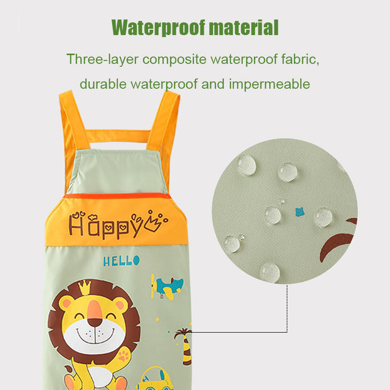 Children Cartoon Waterproof Apron with Sleeve Covers for Painting Cooking-Yellow Dinosaur