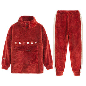 Thickening Coral Fleece Pajamas Set for Women-Red