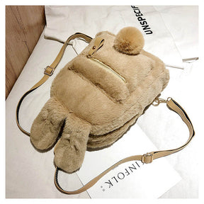 Women Cute Rabbit Ears Backpack Fluffy School Bag Satchel-Yellow