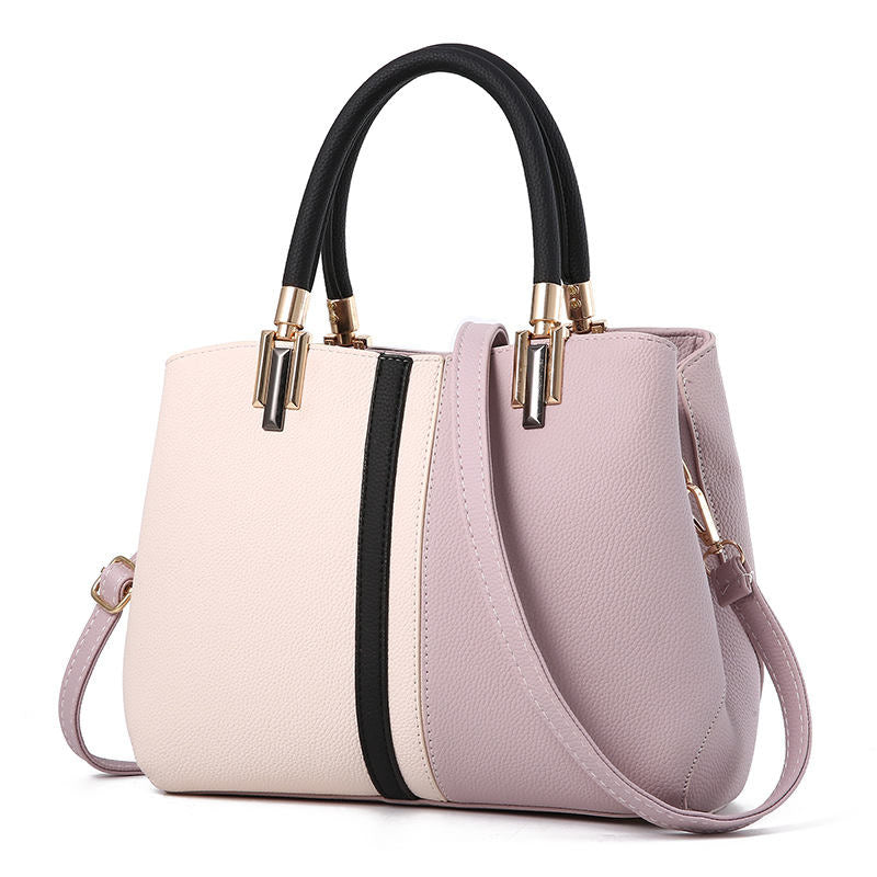 Fashion Colorblock Shoulder Bag Women Top Handle Leather Totes-LightPurple