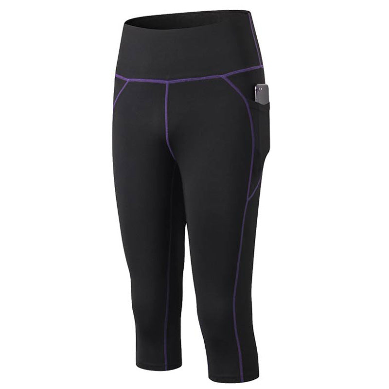 Women Yoga Pants With Pockets High Waist Running Fitness Leggings Sports Quick Drying Tight Pants 92307-Black&Purple